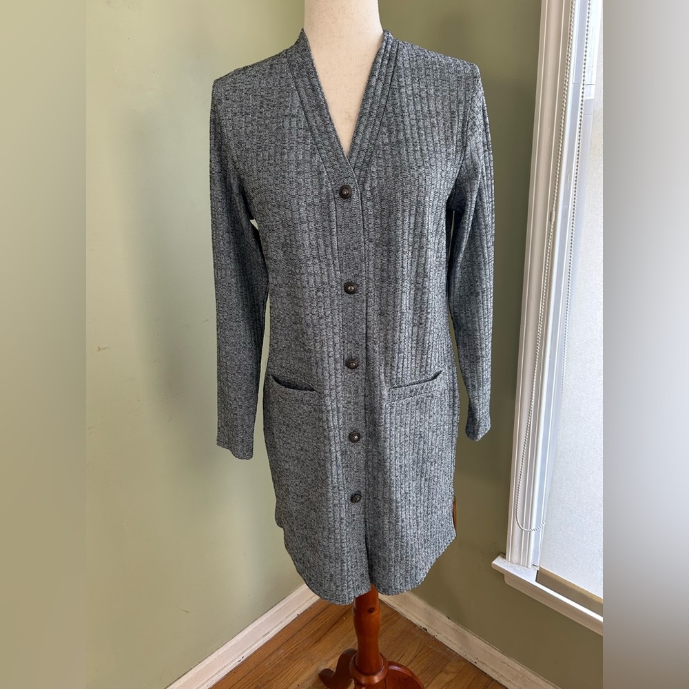 Dennis Basso long cardigan. Grey w/silver metallic thread size Small Like new!